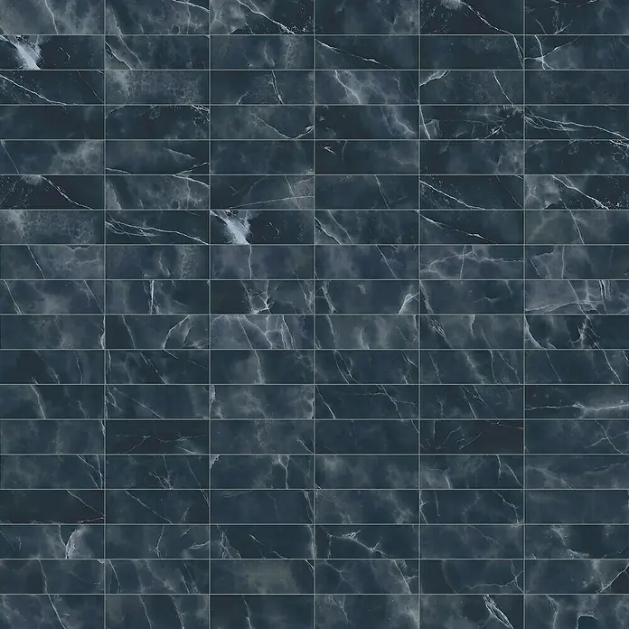 Atlas Concorde Solution Marble Vison Feinsteinzeugfliese Onice Blue - 60 x 60 cm, Blau, Glänzend - Dunkle, rechteckige Marmorfliesen mit feinen, hellen Maserungen, ideal für stilvolle Wand- und Bodenbeläge im Innenbereich.