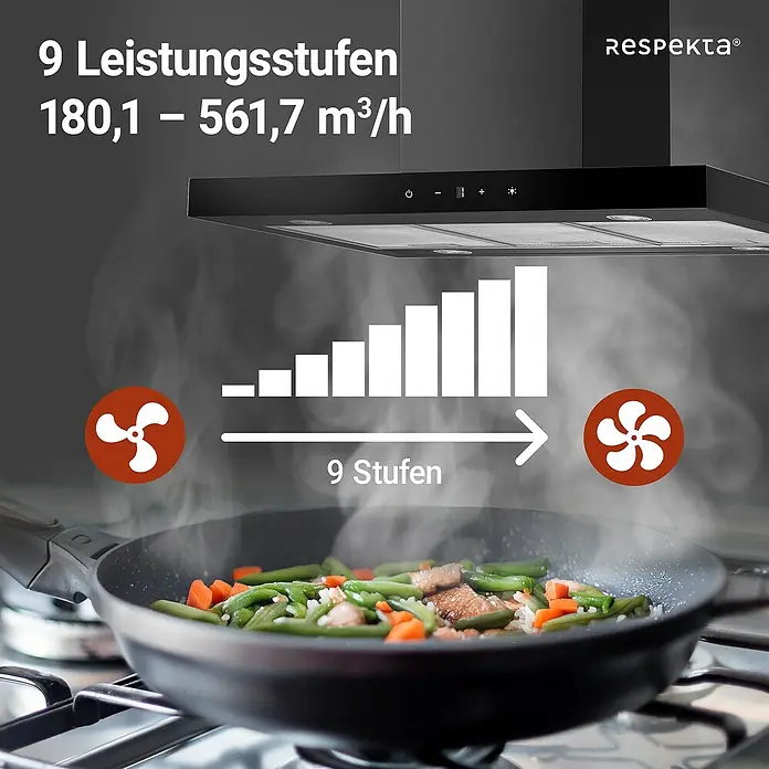 Respekta Inselhaube Cara - Breite: 89,5 cm, Max. Gebläseleistung Abluftbetrieb: 561,7 m³/h, Schwarz - Leistungsstarke Dunstabzugshaube mit 9 Stufen für effiziente Luftreinigung beim Kochen, von 180,1 bis 561,7 m³/h.