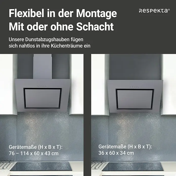 Respekta Schräghaube Numa - Breite: 60 cm, Max. Gebläseleistung Abluftbetrieb: 306,4 m³/h, Edelstahl - Respekta Dunstabzugshauben: Flexibel montierbar mit oder ohne Schacht. Die perfekte Ergänzung für Ihre Küche, in zwei Größen erhältlich.