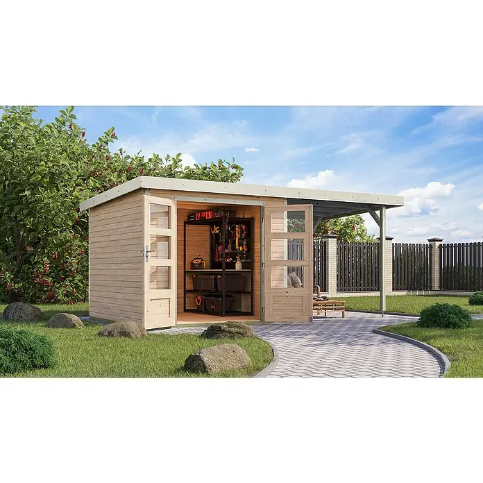 Karibu Gartenhaus Jupiter 3,5 A - Außenmaß inkl. Dachüberstand (B x T): 486,5 x 266,5 cm, Holz, Naturbelassen/Weiß, Mit Seitendach - Geräumiges Gartenhaus aus Holz mit offenstehenden Türen, das einen Einblick in die gut sortierte Werkzeugaufbewahrung bietet.