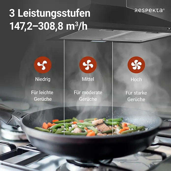 Respekta Kaminhaube Karena - Breite: 60 cm, Max. Gebläseleistung Abluftbetrieb: 308,8 m³/h, Schwarz - Drei Leistungsstufen der Respekta Dunstabzugshaube: Niedrig für leichte, Mittel für moderate und Hoch für starke Gerüche.