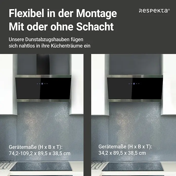 Respekta Schräghaube Skala - Breite: 89,5 cm, Max. Gebläseleistung Abluftbetrieb: 490,6 m³/h, Schwarz - Das Bild zeigt zwei verschiedene Dunstabzugshauben von Respekta, die sich flexibel in jede Küche integrieren lassen.