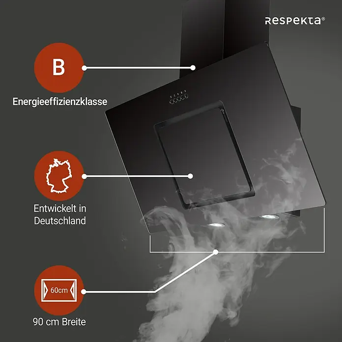 Respekta Schräghaube Svea - Breite: 89,8 cm, Max. Gebläseleistung Abluftbetrieb: 377 m³/h, Schwarz - Produktbild einer schwarzen Dunstabzugshaube mit Hinweisen zur Energieeffizienzklasse B und Herkunft aus Deutschland.