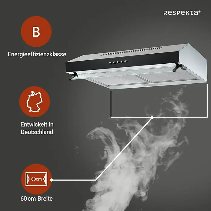 Respekta Unterbauhaube Lili - Breite: 60 cm, Max. Gebläseleistung Abluftbetrieb: 200,9 m³/h, Edelstahl - RESPEKTA Dunstabzugshaube: Energieeffizienzklasse B, hergestellt in Deutschland, 60 cm Breite für optimale Leistung in Ihrer Küche.