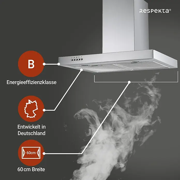Respekta Blockhaube CH 22098 IXB 60 - Breite: 60 cm, Edelstahl, Max. Gebläseleistung Abluftbetrieb: 611,4 m³/h - Abzugshaube von Respekta, Energieeffizienzklasse B, entwickelt in Deutschland, 60 cm Breite.