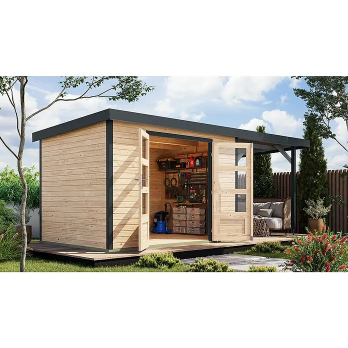 Karibu Gartenhaus Jupiter 4 A - Außenmaß inkl. Dachüberstand (B x T): 541,5 x 236,5 cm, Holz, Naturbelassen/Anthrazit, Mit Seitendach - Ein modernes Gartenhaus mit Doppeltüren und einer Pergola, ideal für die Gartenarbeit und Entspannung im Freien.