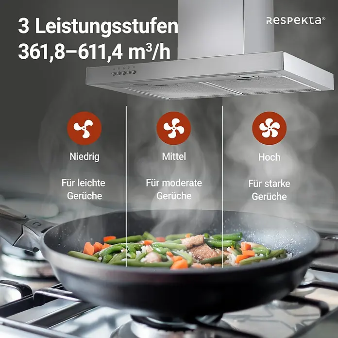 Respekta Blockhaube CH 22098 IXB 60 - Breite: 60 cm, Edelstahl, Max. Gebläseleistung Abluftbetrieb: 611,4 m³/h - Das Bild zeigt eine Respekta Dunstabzugshaube mit drei Leistungsstufen über einem Kochfeld mit Gemüsepfanne.