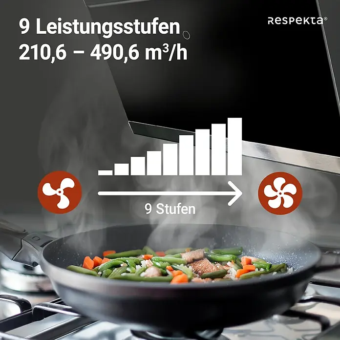 Respekta Schräghaube Skala - Breite: 59,5 cm, Max. Gebläseleistung Abluftbetrieb: 490,6 m³/h, Schwarz/Silber - Dunstabzugshaube mit 9 Leistungsstufen und einer Leistung von 210,6 bis 490,6 m³/h für optimale Luftreinigung in der Küche.