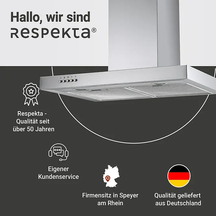 Respekta Blockhaube CH 22098 IXB 60 - Breite: 60 cm, Edelstahl, Max. Gebläseleistung Abluftbetrieb: 611,4 m³/h - Respekta Dunstabzugshaube: Qualität seit über 50 Jahren, Kundenservice, Firmensitz in Speyer, Qualität aus Deutschland.