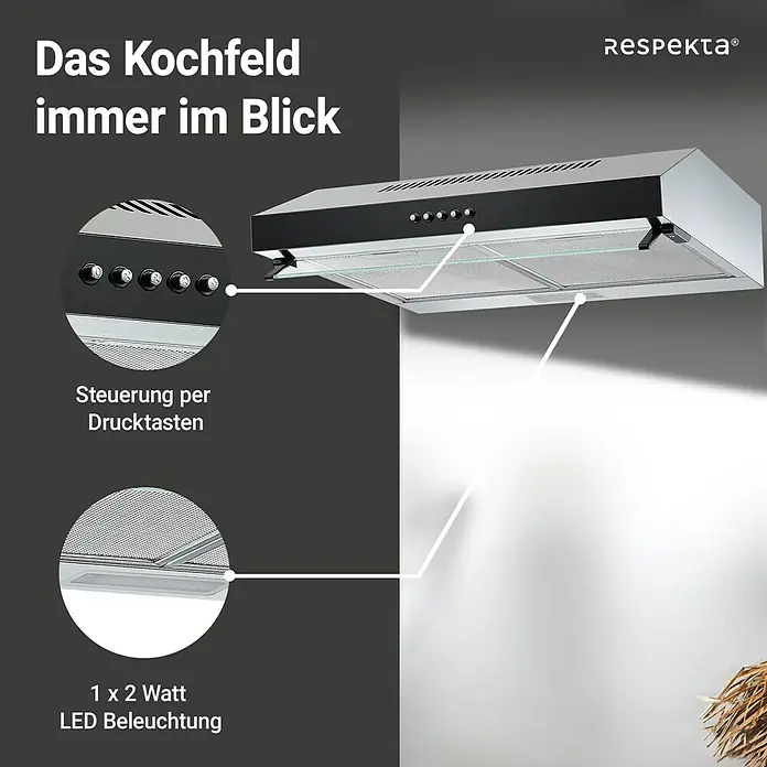 Respekta Unterbauhaube Lili - Breite: 60 cm, Max. Gebläseleistung Abluftbetrieb: 200,9 m³/h, Edelstahl - Nahaufnahme einer Respekta Dunstabzugshaube mit LED-Beleuchtung und Drucktastensteuerung für den Küchenbereich.