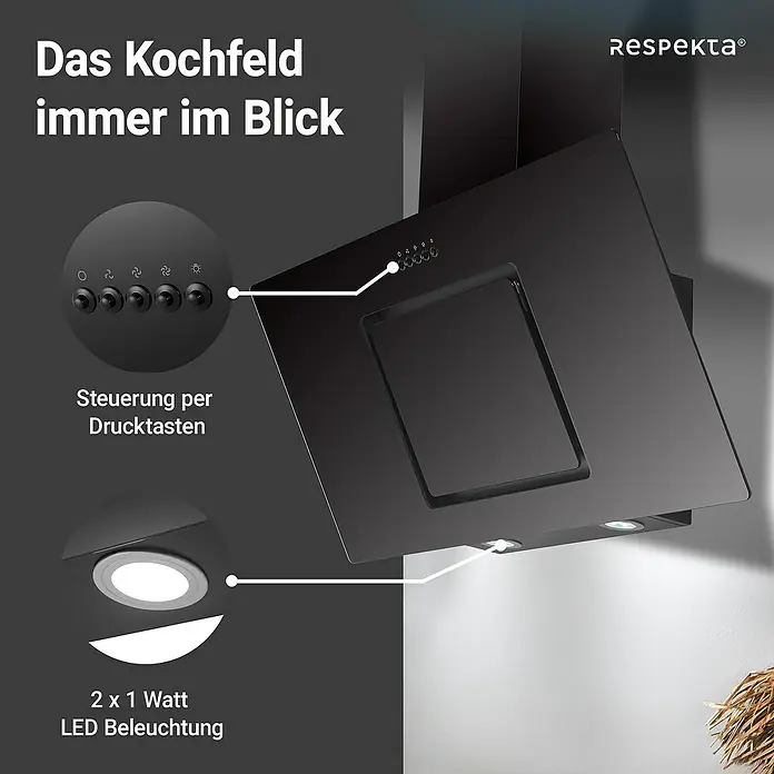 Respekta Schräghaube Svea - Breite: 89,8 cm, Max. Gebläseleistung Abluftbetrieb: 377 m³/h, Schwarz - Das Bild zeigt eine schwarze Respekta Dunstabzugshaube mit LED-Beleuchtung und Drucktastensteuerung.