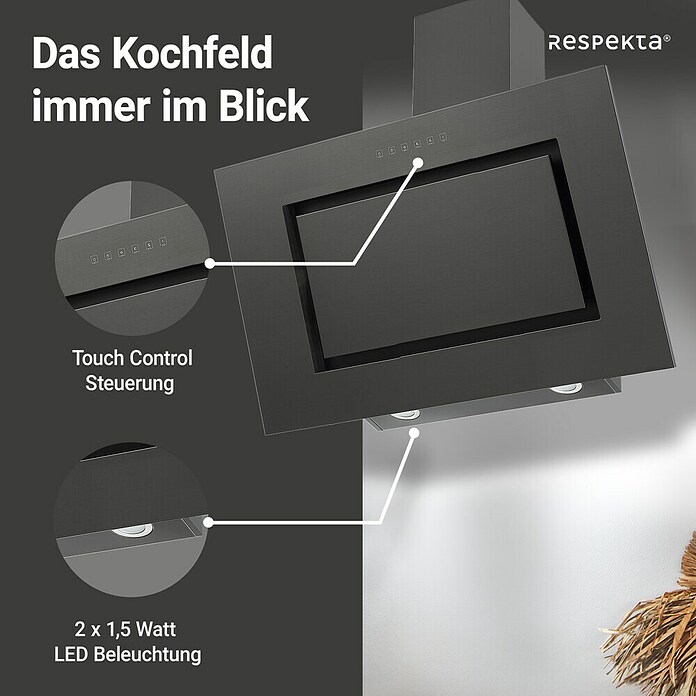 Respekta Campana decorativa Blacksteel Ne (Ancho: 90 cm, Máx. Potencia del ventilador en modo extracción: 502,6 m³/h, Negro metalizado) | BAUHAUS