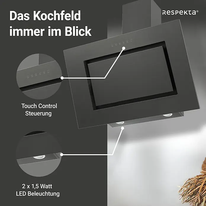 Respekta Schräghaube Nele - Breite: 90 cm, Max. Gebläseleistung Abluftbetrieb: 502,6 m³/h, Blacksteel - Das Bild zeigt eine schwarze Dunstabzugshaube der Marke Respekta mit Touch Control und LED-Beleuchtung für den Blick auf das Kochfeld.
