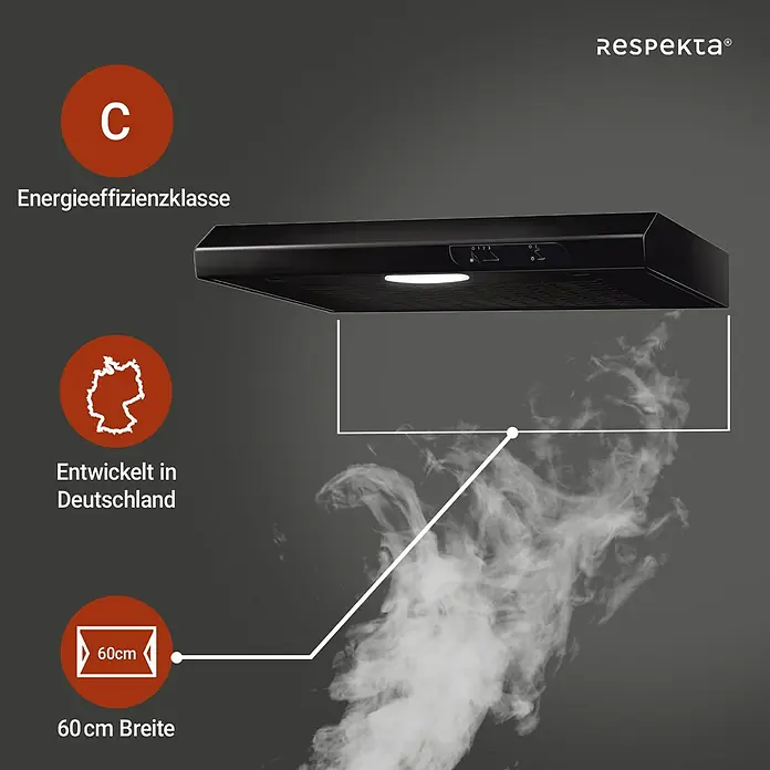 Respekta Unterbauhaube Suna - Breite: 60 cm, Max. Gebläseleistung Abluftbetrieb: 205 m³/h, Schwarz - Respekta Dunstabzugshaube mit Energieeffizienzklasse C, hergestellt in Deutschland, Breite 60 cm.