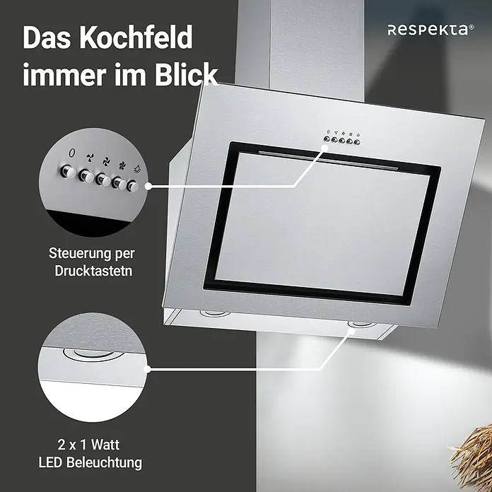 Respekta Schräghaube Numa - Breite: 60 cm, Max. Gebläseleistung Abluftbetrieb: 306,4 m³/h, Edelstahl - Abbildung einer Dunstabzugshaube aus Edelstahl mit LED-Beleuchtung und Drucktastensteuerung.