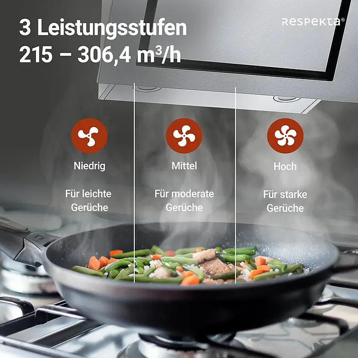 Respekta Schräghaube Numa - Breite: 60 cm, Max. Gebläseleistung Abluftbetrieb: 306,4 m³/h, Edelstahl - Das Bild zeigt eine Respekta Dunstabzugshaube mit drei Leistungsstufen zur Beseitigung von leichten, moderaten und starken Gerüchen.
