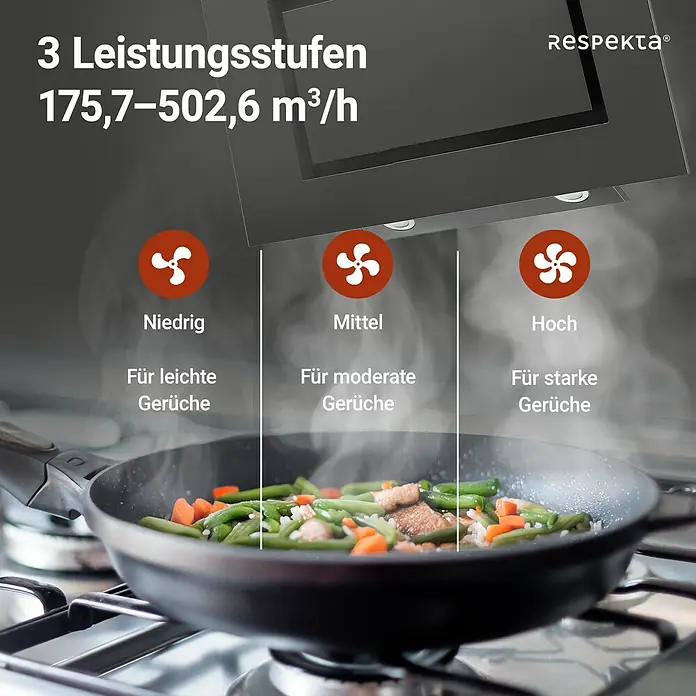 Respekta Schräghaube Nele - Breite: 90 cm, Max. Gebläseleistung Abluftbetrieb: 502,6 m³/h, Blacksteel - Respekta Dunstabzugshaube mit drei Leistungsstufen (175,7-502,6 m³/h) zur Beseitigung leichter, moderater und starker Küchendünste.