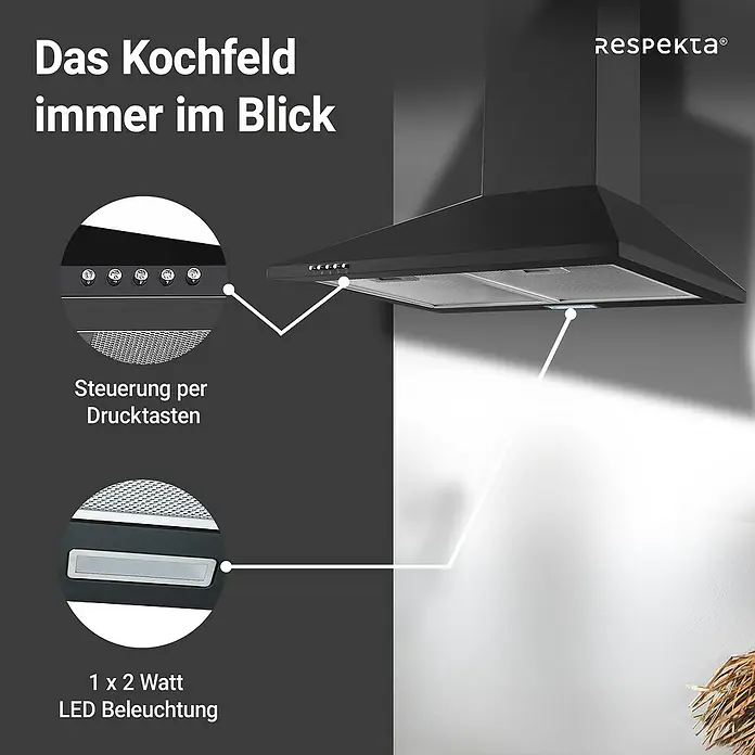 Respekta Kaminhaube Karena - Breite: 60 cm, Max. Gebläseleistung Abluftbetrieb: 308,8 m³/h, Schwarz - Dunstabzugshaube von Respekta mit LED-Beleuchtung und Drucktastensteuerung.‎