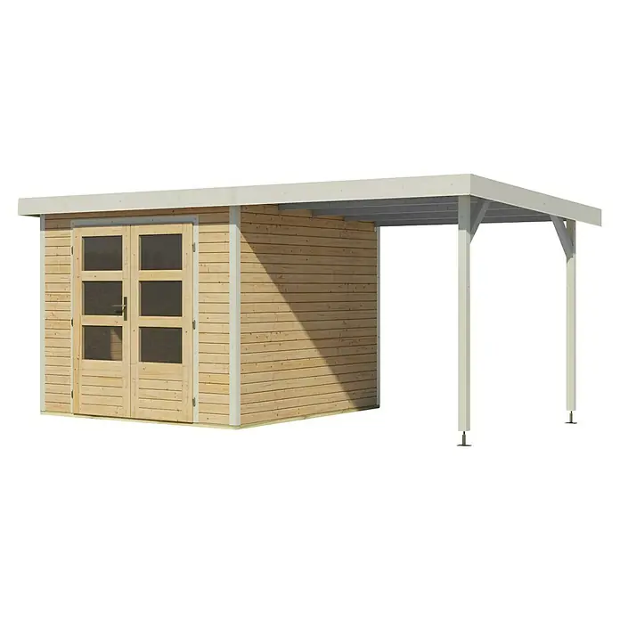 Karibu Gartenhaus Jupiter 3,5 A - Außenmaß inkl. Dachüberstand (B x T): 486,5 x 266,5 cm, Holz, Naturbelassen/Weiß, Mit Seitendach - Holzgartenhaus mit Doppeltür und überdachtem Anbau für den Garten, ideal als Geräteschuppen oder Gartenlaube.