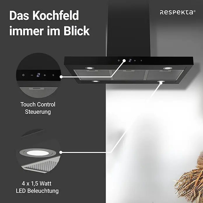 Respekta Inselhaube Cara - Breite: 89,5 cm, Max. Gebläseleistung Abluftbetrieb: 561,7 m³/h, Schwarz - Abzugshaube von Respekta mit Touch Control Steuerung und LED Beleuchtung für einen klaren Blick auf das Kochfeld.