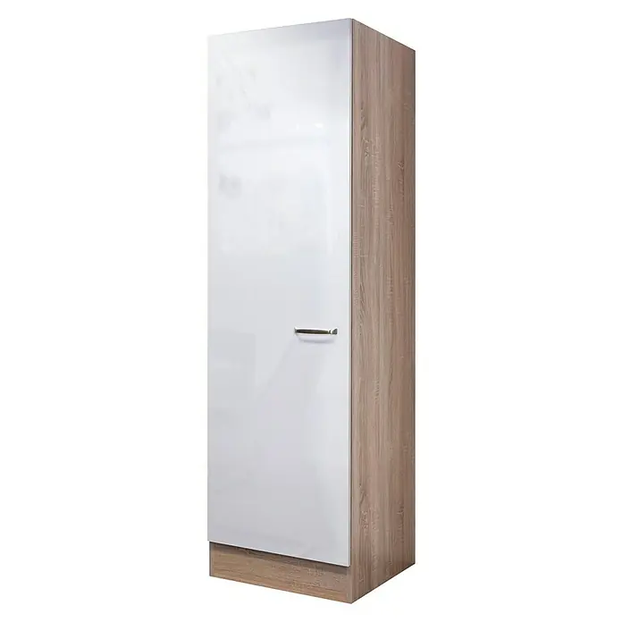 Flex-Well Valero Geschirrschrank - 57 x 50 x 200 cm, Weiß - Ein modernes, weißes Sideboard mit Holzstruktur an der Seite. Ideal für zusätzlichen Stauraum und stilvolles Design im Wohnbereich.