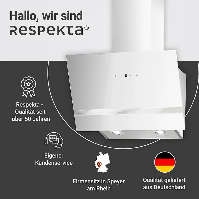 Respekta Schräghaube Hera - Breite: 59,5 cm, Max. Gebläseleistung Abluftbetrieb: 567,9 m³/h, Weiß/Silber - Abbildung einer weißen Dunstabzugshaube von Respekta, die seit über 50 Jahren Qualität liefert. Firmensitz in Speyer am Rhein.