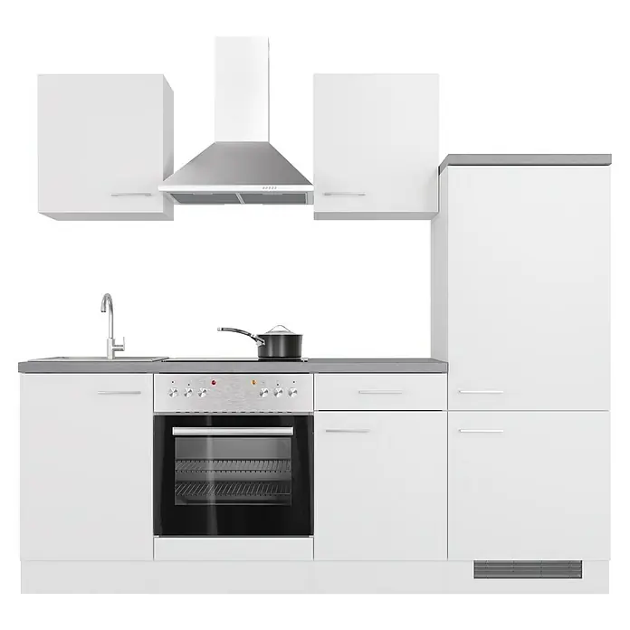 Flex-Well Rom  Küchenzeile Typ 1 - Breite: 220 cm, Höhe: 200 cm, Weiß, Mit Elektrogeräten - Aufnahme einer weißen Küchenzeile mit Spüle, Herd, Backofen, Dunstabzugshaube und Hängeschränken, die eine moderne Küchenausstattung zeigt.