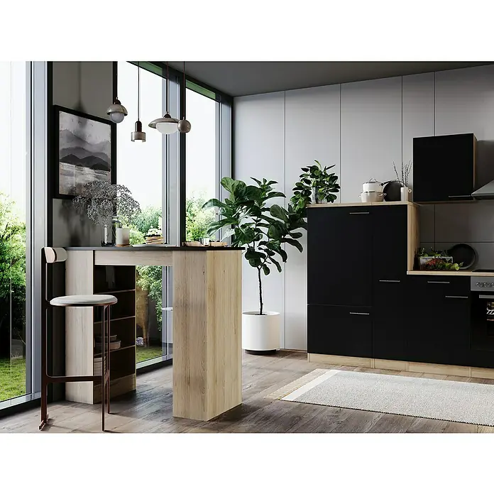 Respekta Merle Bartisch - L x B x H: 67 x 138 x 108 cm, Schwarz Matt - Moderne Küche mit Bartisch und Barstuhl aus hellem Holz, ergänzt durch schwarze Küchenschränke und viel Tageslicht.