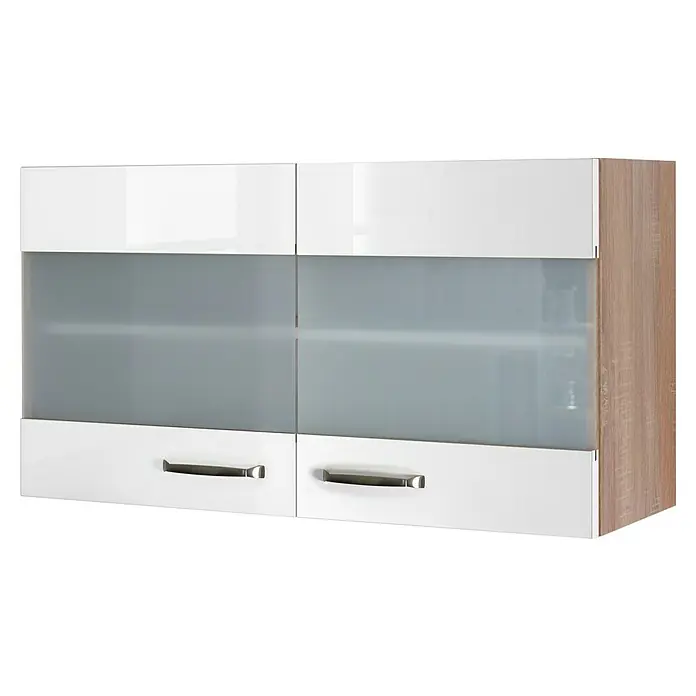 Flex-Well Valero Küchen-Hängeschrank - 32 x 100 x 54,8 cm, Weiß - Moderne Hängevitrine mit weißen Hochglanzfronten, Milchglas und Holzkorpus für stilvolle Küchengestaltung. Praktische Griffe für einfaches Öffnen.