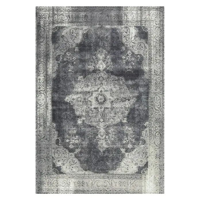 Kayoom Kurzflorteppich Vintage - Grau/Elfenbein, 200 x 140 cm, 100 % Polyacryl - Ein rechteckiger Teppich im Vintage-Stil, mit einem komplexen, traditionellen Muster in Grau- und Silbertönen. Der Teppich ist ein elegantes Wohnaccessoire.