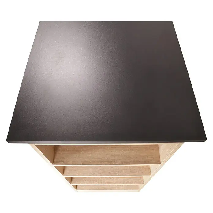 Respekta Merle Bartisch - L x B x H: 67 x 138 x 108 cm, Schwarz Matt - Draufsicht auf ein modernes Möbelstück mit einer dunklen Tischplatte und einem hellen Holzregal darunter. Ideal für stilvolle Aufbewahrung.