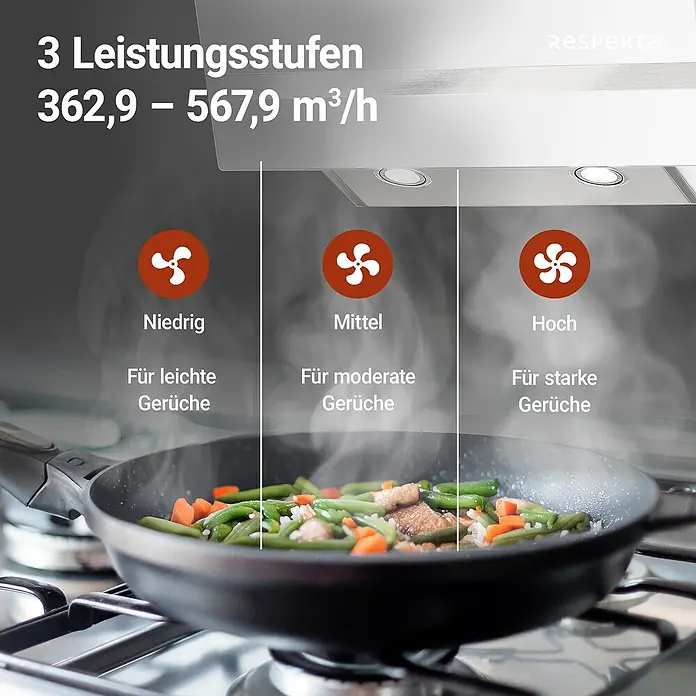 Respekta Schräghaube Hera - Breite: 59,5 cm, Max. Gebläseleistung Abluftbetrieb: 567,9 m³/h, Weiß/Silber - Das Bild zeigt eine Dunstabzugshaube mit drei Leistungsstufen (362,9 – 567,9 m³/h), die über einem Kochfeld mit einer Pfanne angebracht ist.