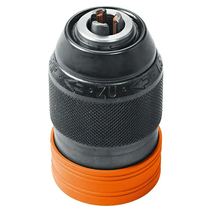 Fein Bohrfutter Q 120 NM - Passend für: FEIN Akku-Schrauber mit QuickIN / QuickIN MAX Schnittstelle - Nahaufnahme eines Bohrfutters mit schwarzer, strukturierter Oberfläche und orangem Ring unten, das für Bohrmaschinen verwendet wird.