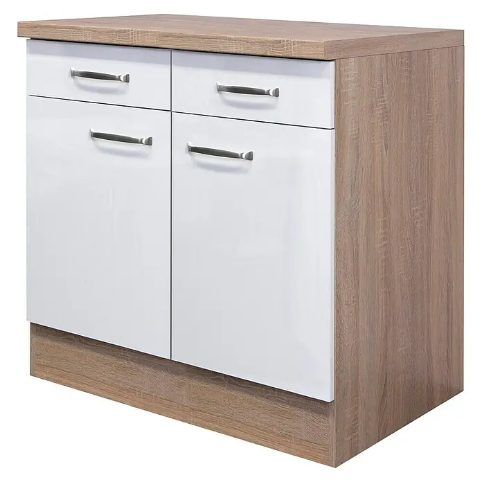 Flex-Well Valero Küchen-Unterschrank - 60 x 80 x 86 cm, Weiß - Elegantes Sideboard mit weißer Front und Holzoptik. Das Möbelstück bietet Stauraum und fügt sich nahtlos in moderne Wohnräume ein.