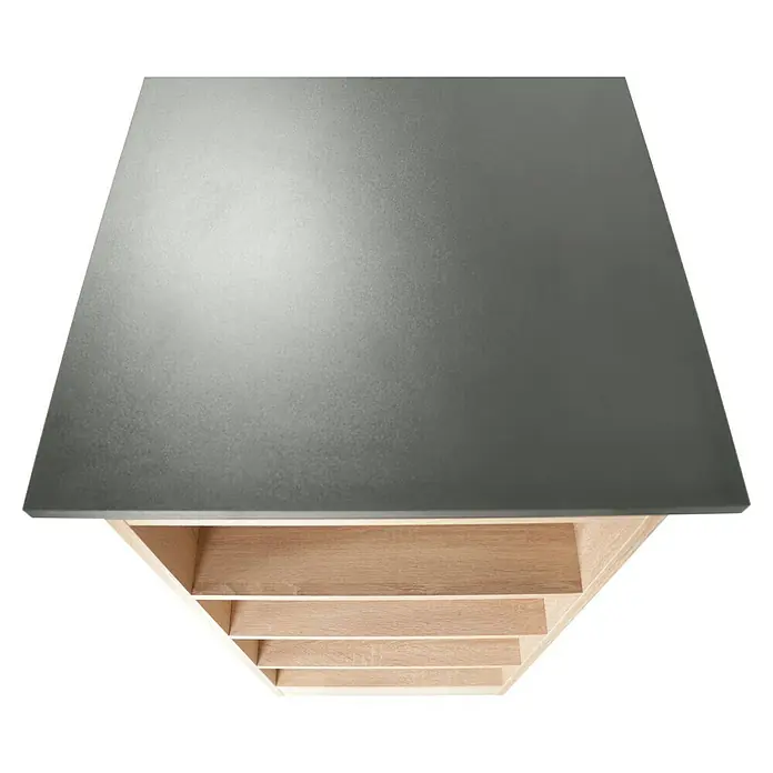 Respekta Merle Bartisch - L x B x H: 67 x 138 x 108 cm, Grau Matt - Eine Draufsicht auf einen grauen Tisch mit Regalen darunter, der eine moderne und praktische Aufbewahrungslösung darstellt.