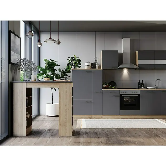 Respekta Merle Bartisch - L x B x H: 67 x 138 x 108 cm, Grau Matt - Modernes Küchendesign mit grauen Schränken, einer Kochinsel mit Holzakzenten und stilvoller Beleuchtung für ein elegantes Ambiente.