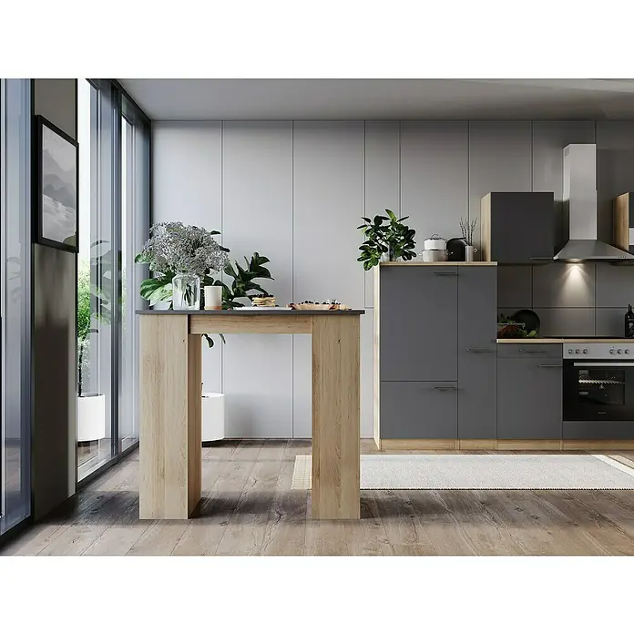Respekta Merle Bartisch - L x B x H: 67 x 138 x 108 cm, Grau Matt - Dieses Bild zeigt eine moderne Küche mit einem hellen Holztisch und grauen Schränken. Die Küche ist minimalistisch und stilvoll gestaltet.