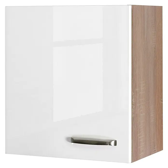 Flex-Well Valero Singleküche Typ 1 - Breite: 210 cm, Weiß, Mit Elektrogeräten - Glänzender weißer Hängeschrank mit Griff und Holzstruktur an der Seite, ideal für moderne Badezimmer oder Küchen.
