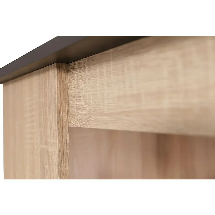 Respekta Merle Bartisch - L x B x H: 67 x 138 x 108 cm, Schwarz Matt - Nahaufnahme von Holzregalen mit einer dunklen Platte, die eine elegante und praktische Aufbewahrungslösung zeigt.\n