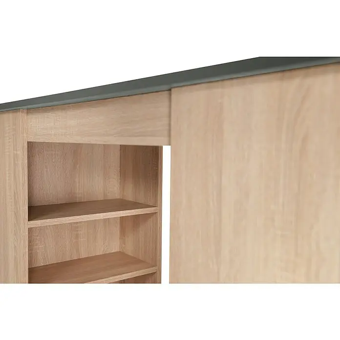 Respekta Merle Bartisch - L x B x H: 67 x 138 x 108 cm, Grau Matt - Nahaufnahme eines Schranks mit Schiebetüren und mehreren Einlegeböden, der Stauraum und Organisation bietet.