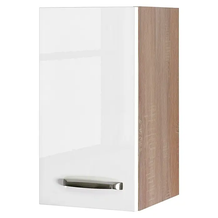 Flex-Well Valero Küchen-Hängeschrank - 32 x 30 x 54,8 cm, Weiß - Nahaufnahme eines modernen weißen Wandschranks mit elegantem Griff und holzfarbener Seitenwand. Ideal für stilvolle Raumlösungen.