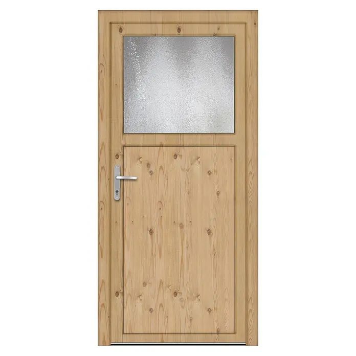 Panto Nebeneingangstür K 504 - 98 x 198 cm, DIN Anschlag: Links, Kiefer - Eine Holztür mit einem rechteckigen Fenster im oberen Bereich und einem silbernen Türgriff auf der linken Seite.