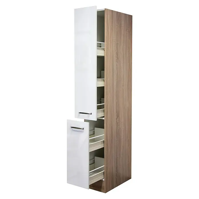 Flex-Well Valero Apotheker-Hochschrank - 57 x 30 x 200 cm, Weiß - Aufnahme eines Apothekerschranks mit Auszügen in Weiß und Holzoptik, ideal für die Küchenorganisation.