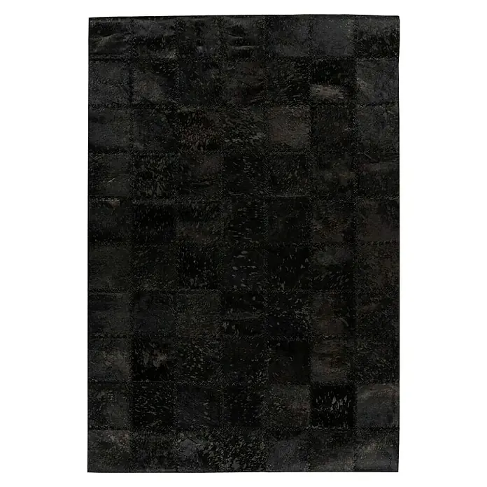Kayoom Lederteppich Viola - Schwarz, 170 x 120 cm, 100 % Echtleder - Schwarzer Patchwork-Teppich aus Lederquadraten mit sichtbaren Nähten, der eine interessante Textur und ein dunkles, elegantes Aussehen bietet.
