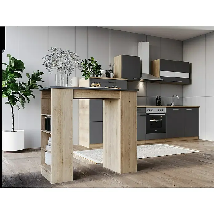 Respekta Merle Bartisch - L x B x H: 67 x 138 x 108 cm, Grau Matt - Küchenansicht mit einem hellbraunen Bartisch mit Regalen und grauer Arbeitsplatte im Vordergrund und dunklen Küchenschränken im Hintergrund.