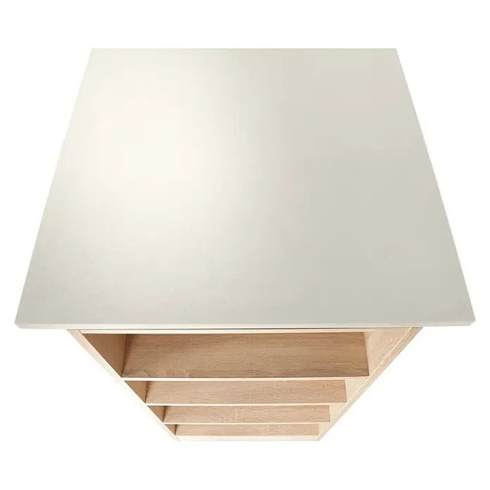 Respekta Merle Bartisch - L x B x H: 67 x 138 x 108 cm, Weiß Matt - Blick von oben auf einen quadratischen Couchtisch mit einer hellen Tischplatte und einem offenen Regal darunter, ideal für das Wohnzimmer.
