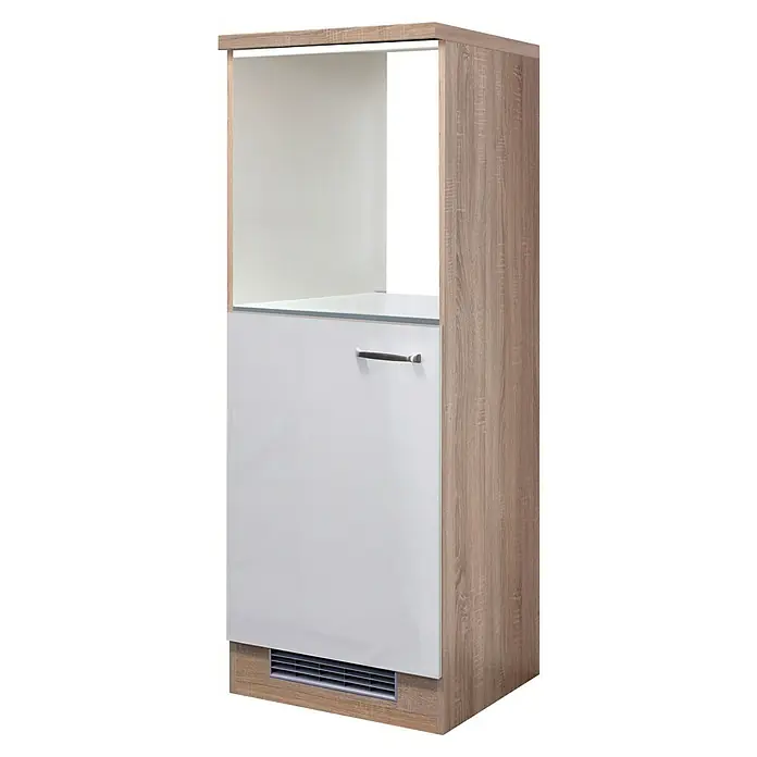 Flex-Well Valero Demi-Geräteumbauschrank - 57 x 60 x 169,5 cm, Weiß, 1 Nische für integrierten Kühlschrank, 1 Nische für integrierten Backofen - Ein Küchenschrank mit einer weißen Tür und einem Holzrahmen, der Stauraum und ein elegantes Design bietet.