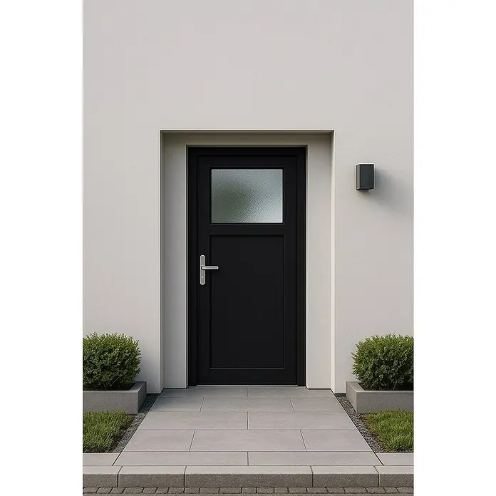 Panto Nebeneingangstür K 504 - 98 x 198 cm, DIN Anschlag: Links, Anthrazit/Weiß - Schwarze Haustür mit Glaseinsatz in einem hellen Gebäude. Die Tür ist modern und schlicht gestaltet und passt gut zum Gebäude.