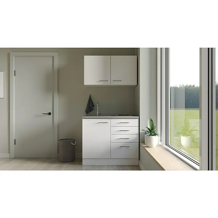 Flex-Well Rom  Miniküche - Breite: 100 cm, Weiß, Mit Elektrogeräten - Diese Aufnahme zeigt ein funktionales Waschbecken mit Spiegelschrank und Unterschrank, ideal für kleine Räume, in einem modernen Design.