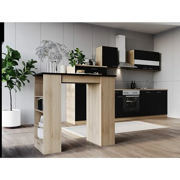 Respekta Merle Bartisch - L x B x H: 67 x 138 x 108 cm, Schwarz Matt - Elegantes Küchendesign mit einem stilvollen Bartisch aus Holz und schwarzem Dekor. Moderne Küchenschränke und eine Zimmerpflanze runden das Bild ab.
